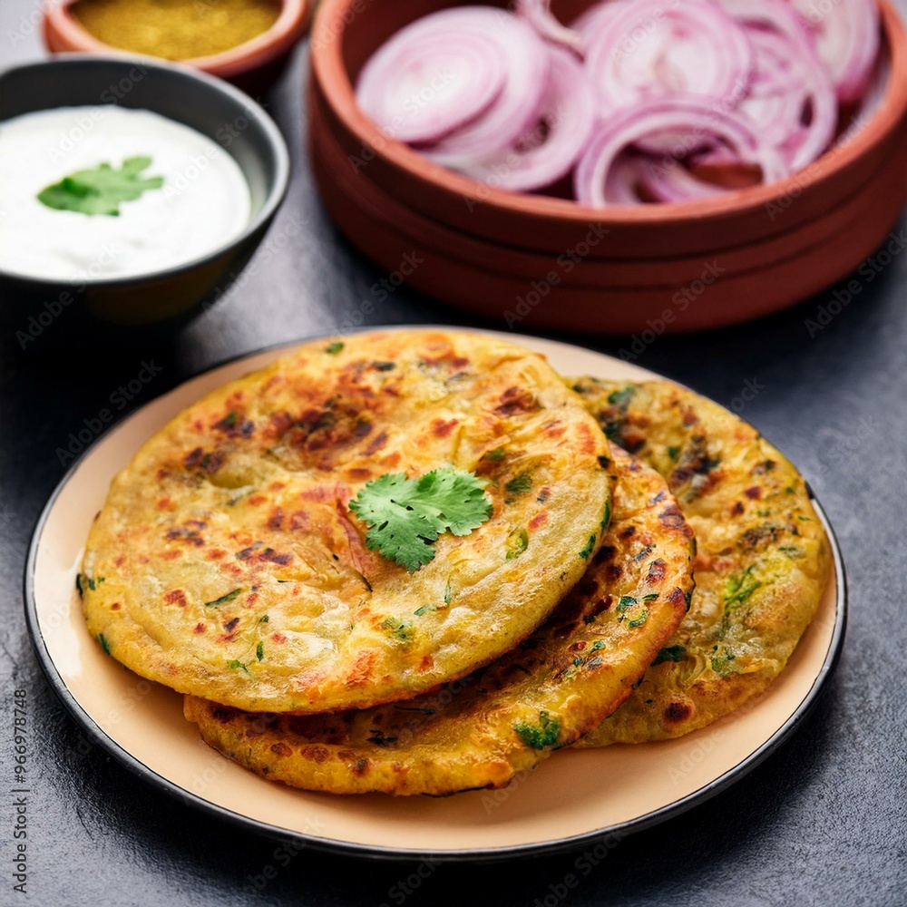 Indian traditional breakfast food aloo paratha is a potato stuffed flatbread served with curd Indian traditional breakfast food aloo paratha is a potato stuffed flatbread served with curd