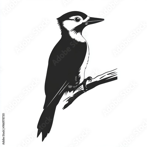 A black and white silhouette of a woodpecker perched on a branch. photo