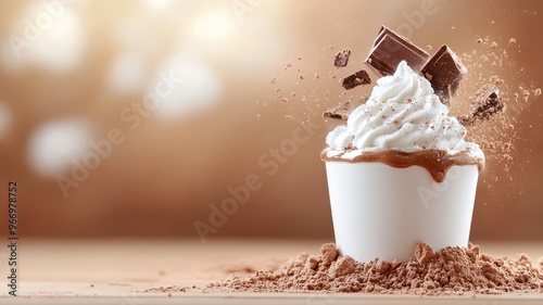 Surreal image of hot cocoa with whipped cream and cocoa powder, blending into a dreamlike chocolate landscape. photo