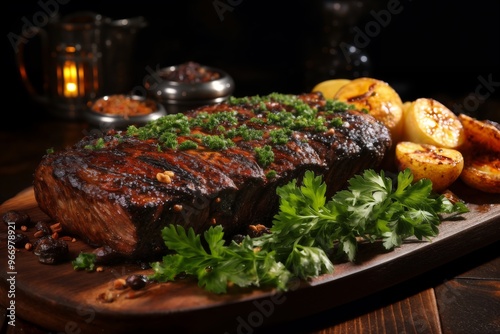 grilled meat with potatoes, and vegetables and herbs cooked on fire as a barbecue, delicious food