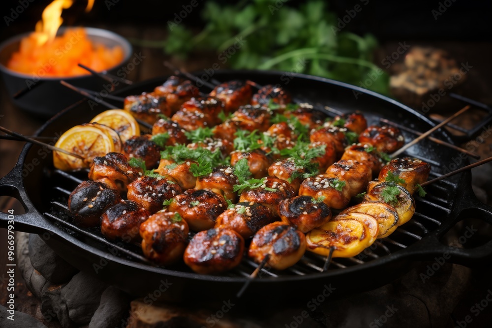 grilled meat and vegetables and herbs cooked on fire as a barbecue, roast in a frying pan, delicious food grilled meat and vegetables and herbs cooked on fire as a barbecue, roast in a frying pan, delicious food