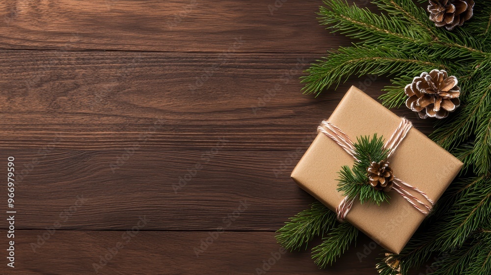 Christmas Gift Box on Rustic Wooden Background with Pine Branches and Cones