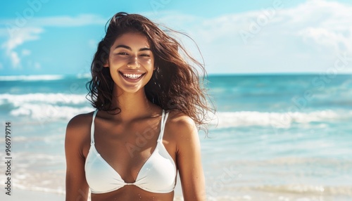 Radiant Beauties: Two Women Embracing the Tropical Vibes in White Bikinis by the Sea