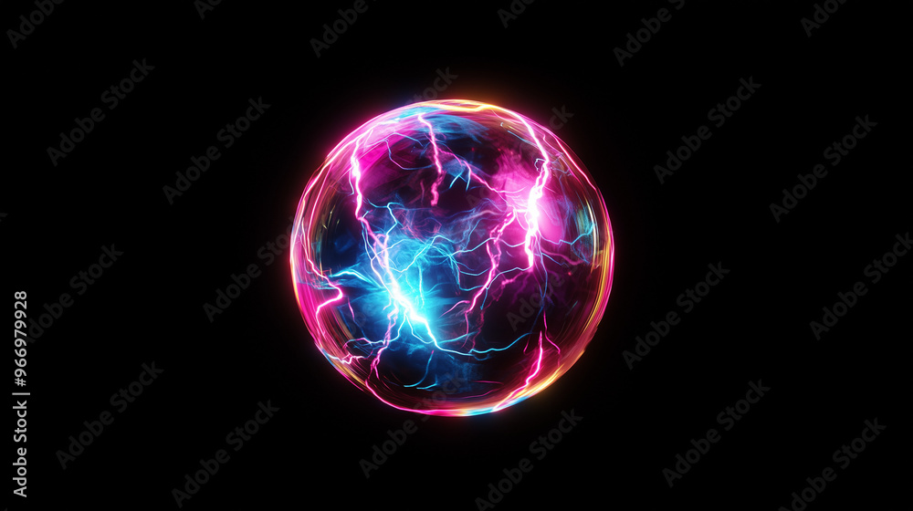 Spherical neon purple, yellow and blue cosmic energy or plasma ball with bright electric lightning streams and glowing effects on black background, VFX Spherical neon purple, yellow and blue cosmic energy or plasma ball with bright electric lightning streams and glowing effects on black background, VFX