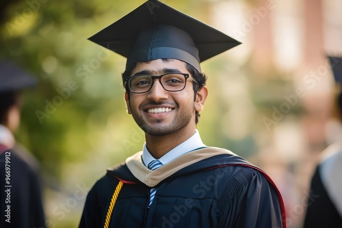 An Indian male graduate posing for a portrait in glasses.