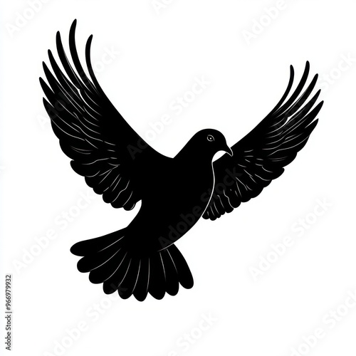 A black silhouette of a dove with its wings spread, flying in mid-air.