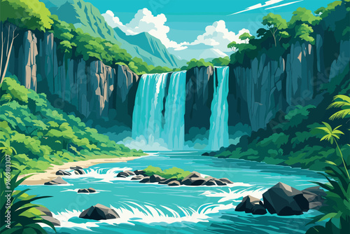 Lush Waterfall Cascading into a Turquoise Pool
