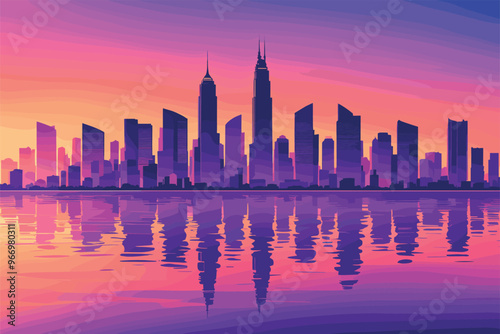 Modern City Skyline Reflecting in Sunset Waters