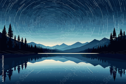 Starry Night Sky with Mountain Lake Reflection