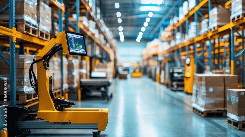 Automated Warehouse System with Robotic Arm and Control Panel
