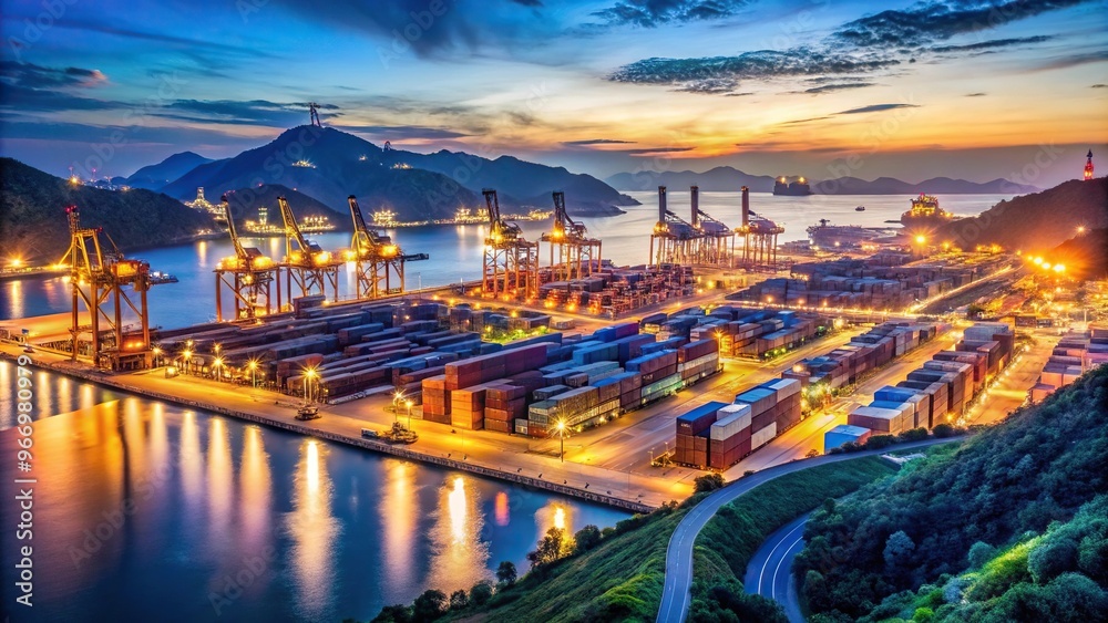 Fototapeta premium Symmetrical night view of Yangshan Port at Shengsi, China hills