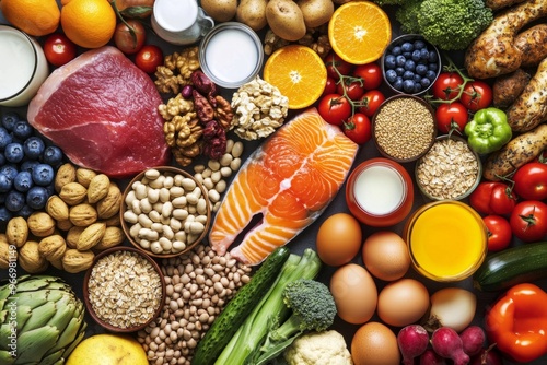 A colorful arrangement of healthy foods including fruits, vegetables, nuts, and proteins. Perfect for meal planning or nutrition education. Generative AI