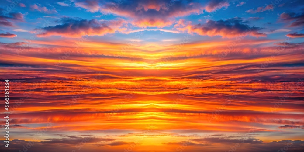 Fototapeta premium Symmetrical orange and pink striped clouds at twilight with natural background