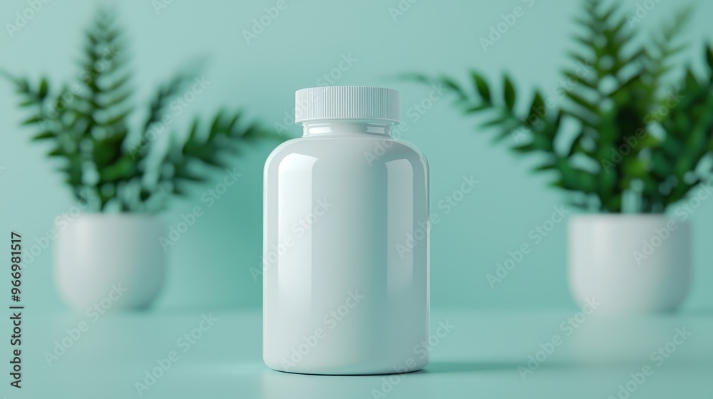 White Supplement Bottle Mockup on Green Background. White Supplement Bottle Mockup on Green Background.