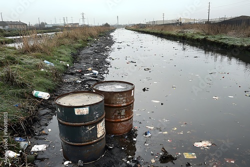 Industrial pollution: contaminated waterway with rusted barrels and littered shoreline photo