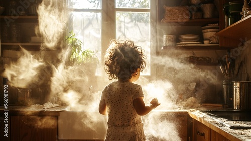 A fascinated young one wanders through a brightly lit kitchen, enchanted by the swirling dance of flour as they discover the magic of baking. photo