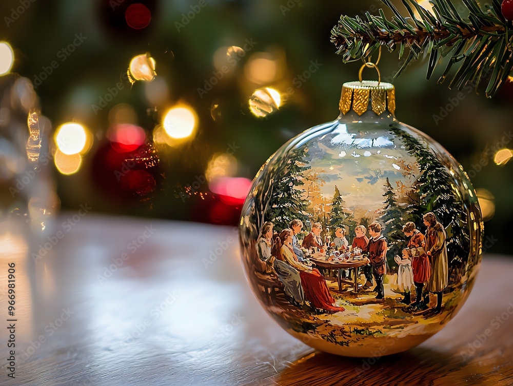 Close-up of a festive Christmas ornament with a winter scene.