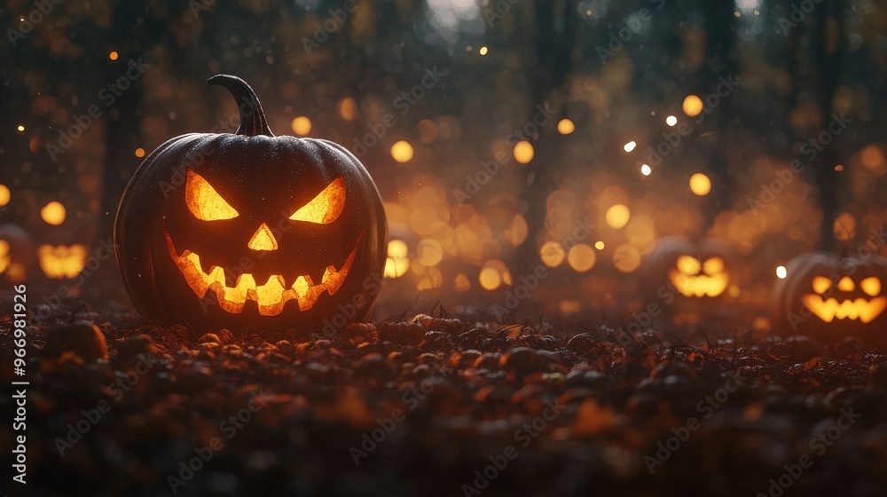 Spooky Halloween Jack O Lantern in Forest with Glowing Lights Spooky Halloween Jack O Lantern in Forest with Glowing Lights