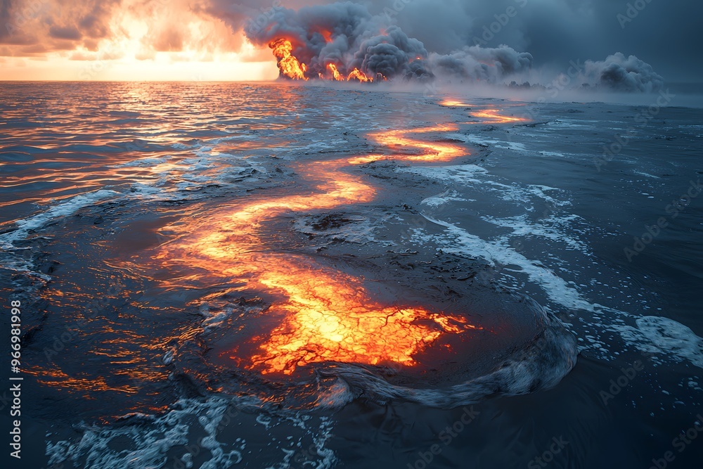 Molten lava flowing into the ocean at sunrise creating dramatic steam clouds Molten lava flowing into the ocean at sunrise creating dramatic steam clouds