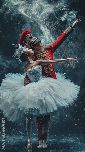 A ballerina and Nutcracker soldier dance together in a snow-filled scene.