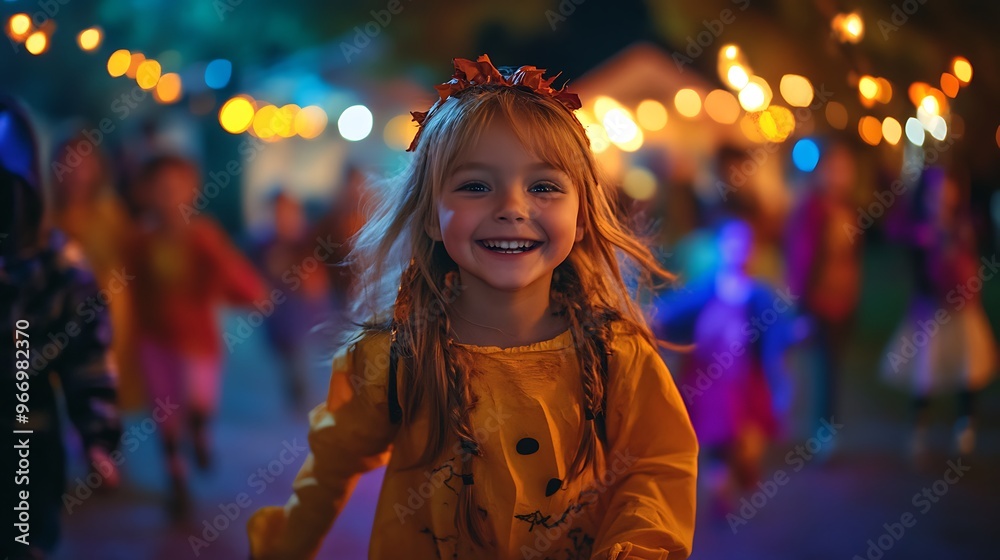 A happy little girl twirls in her Halloween costume, surrounded by twinkling lights in the night. A happy little girl twirls in her Halloween costume, surrounded by twinkling lights in the night.
