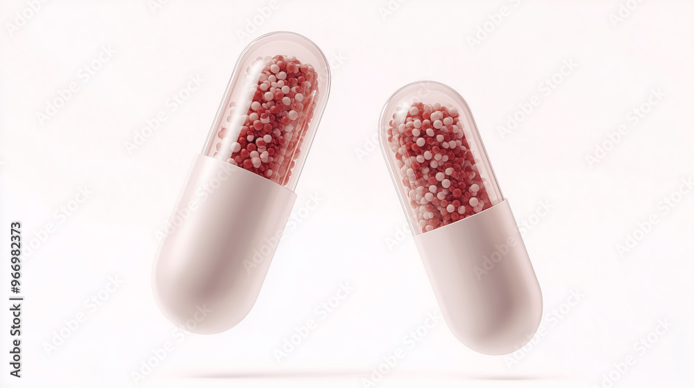 Two pink capsules filled with small red and white pills are floating in mid-air against a white background Two pink capsules filled with small red and white pills are floating in mid-air against a white background