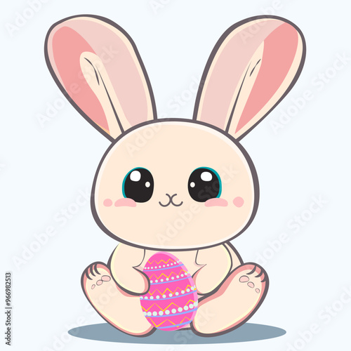 Easter bunny, kawaii easter bunny with egg. Cute baby animal with ears and big eyes