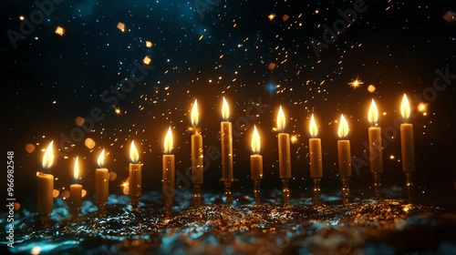 A row of lit candles with sparkling bokeh lights in the background.