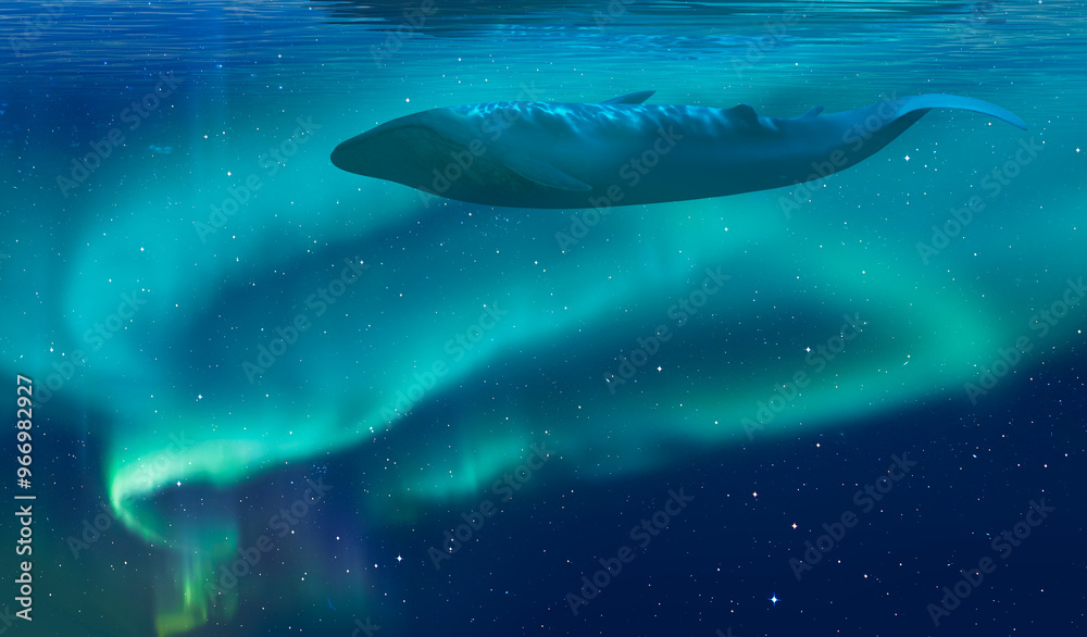 Obraz premium Beautiful whale underwater in the wild with Aurora Borealis or Northern lights - Underwater world and life, concept