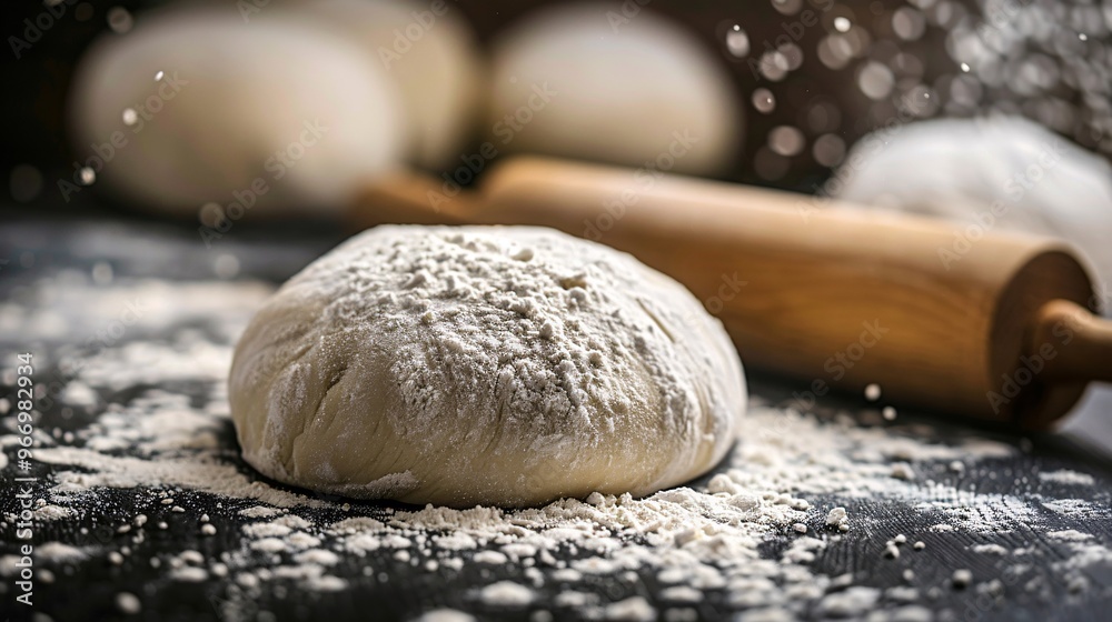 An image showcasing a rolling pin and white flour dusted on a dark wooden surface, with a blurred focus on the prepared dough for making a pizza crust, highlighting a craftsman's workspace. An image showcasing a rolling pin and white flour dusted on a dark wooden surface, with a blurred focus on the prepared dough for making a pizza crust, highlighting a craftsman's workspace.