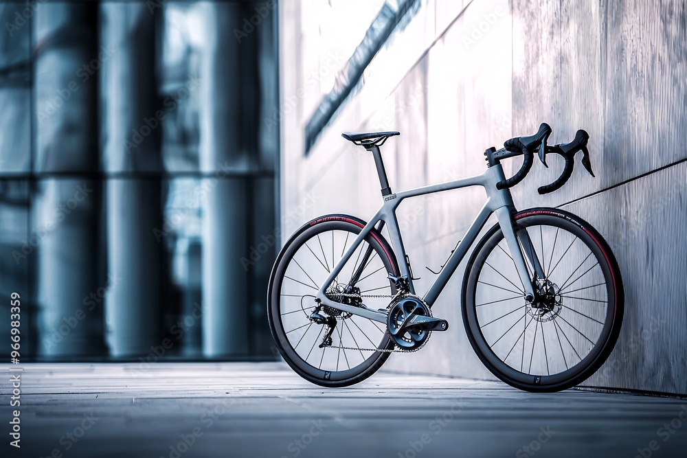 A stylish bicycle leans against a cityscape, highlighting its contemporary design, perfect for cycling aficionados. A stylish bicycle leans against a cityscape, highlighting its contemporary design, perfect for cycling aficionados.