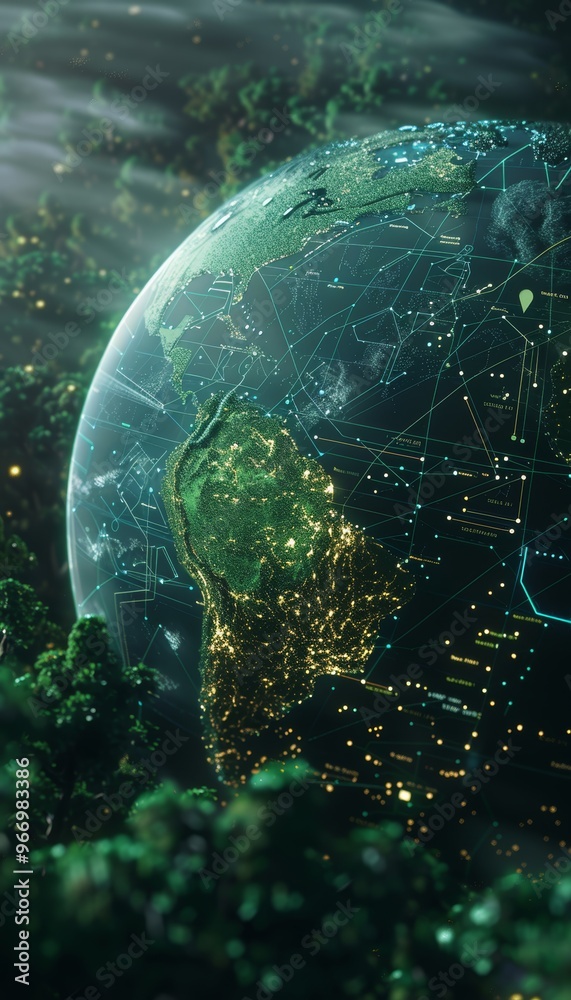 Fototapeta premium Futuristic 3d earth model in fog illuminating connections between agriculture and emissions