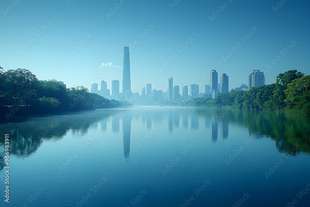 Tranquil urban skyline reflection on serene morning lake