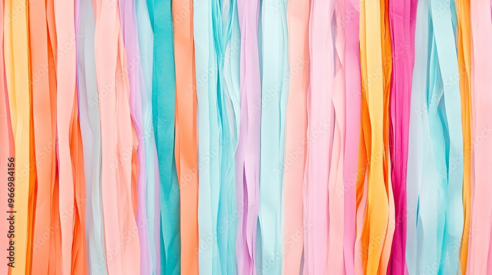 Colorful streamers in shades of peach, teal, pink, and yellow creating a festive atmosphere. Colorful streamers in shades of peach, teal, pink, and yellow creating a festive atmosphere.