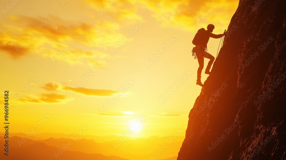 Silhouette of Climber on Mountain Peak at Sunset Silhouette of Climber on Mountain Peak at Sunset