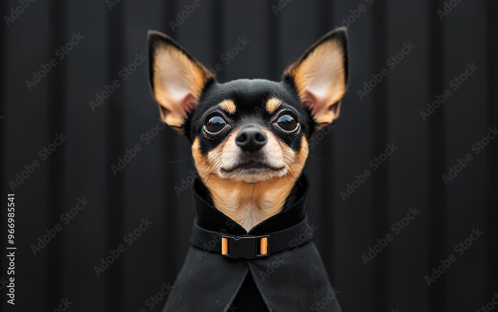 Charming Chihuahua wearing a stylish cape, exuding confidence and character against a dark backdrop. Charming Chihuahua wearing a stylish cape, exuding confidence and character against a dark backdrop.