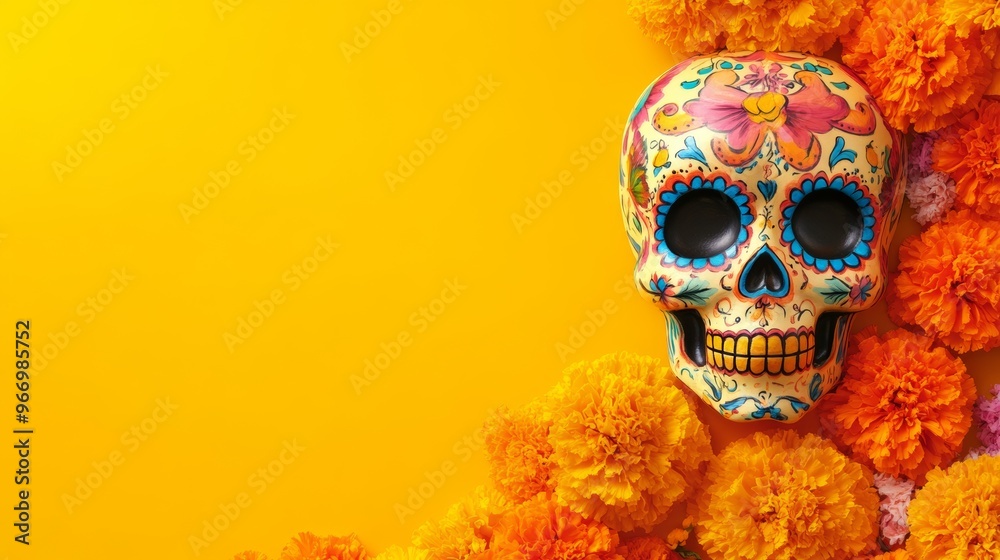 Dia de los Muertos Celebration - Vibrant Sugar Skull with Marigolds and Candles in Festive Yellow Background Dia de los Muertos Celebration - Vibrant Sugar Skull with Marigolds and Candles in Festive Yellow Background