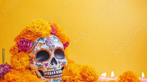 Festive Dia de los Muertos Sugar Skull with Floral Designs and Marigolds on Yellow Background