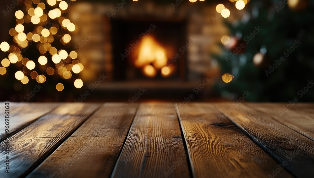 Empty Wooden Table Top with Blurred Christmas Tree and Fireplace in Cozy Home Interior for Product Display Empty Wooden Table Top with Blurred Christmas Tree and Fireplace in Cozy Home Interior for Product Display