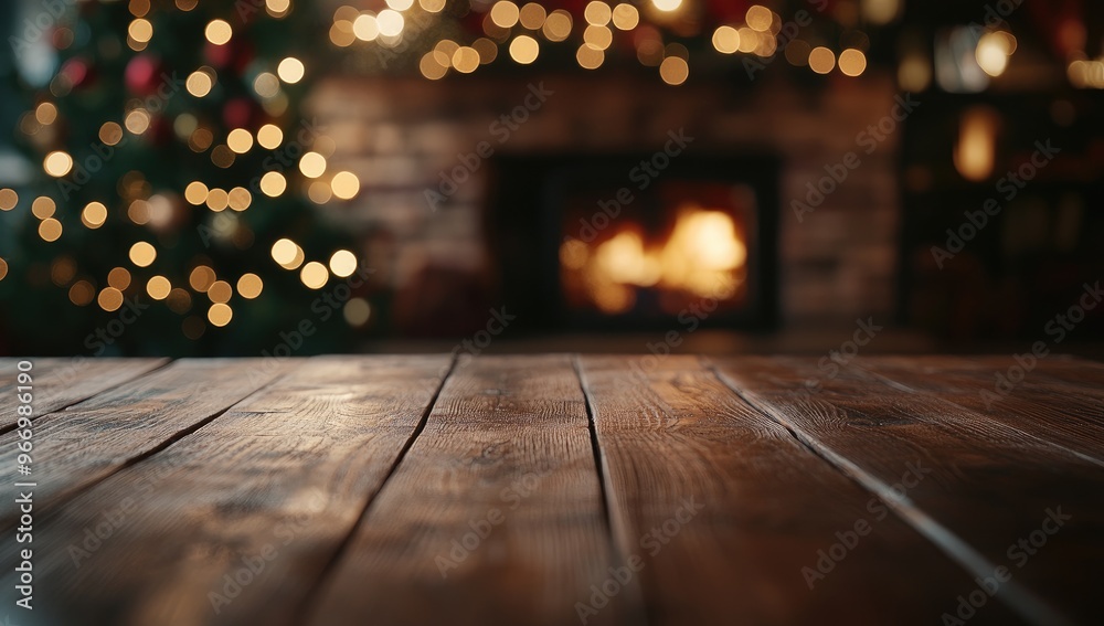 Empty Wooden Table Top with Blurred Christmas Tree and Fireplace in Cozy Home Interior for Product Display Empty Wooden Table Top with Blurred Christmas Tree and Fireplace in Cozy Home Interior for Product Display