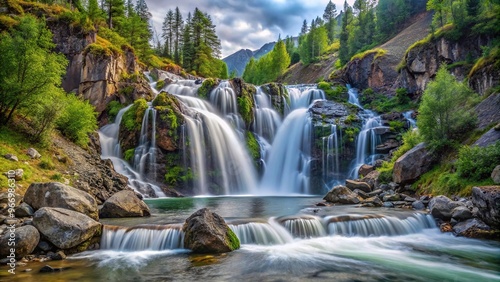 Symmetrical small waterfall on a mountain river in the Altai