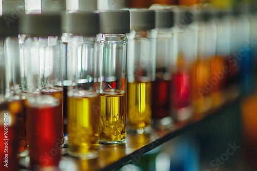 A vibrant array of chemical compounds in glass vials highlights the intricate beauty of alkaloids in a contemporary lab environment.