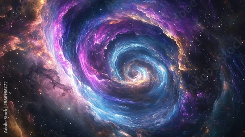 A breathtaking image of a swirling cosmic nebula in deep space, with vibrant colors of purple, blue, and pink intermingling, and distant stars shining through the vast expanse of the universe 