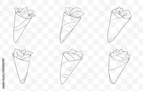 Print Veggie Wrap Line Art Vector Set of Healthy Plant Based Food Illustrations for Restaurants and Organic Cuisine