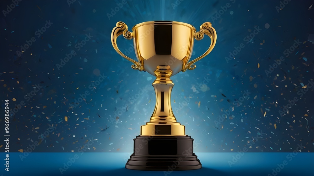 Golden Winner’s Cup Trophy on Blue Background: Symbol of Achievement and Success Golden Winner’s Cup Trophy on Blue Background: Symbol of Achievement and Success