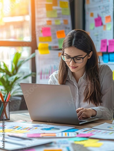 A project coordinator analyzes timelines on a laptop amidst a vibrant array of sticky notes and charts in a lively workspace. photo