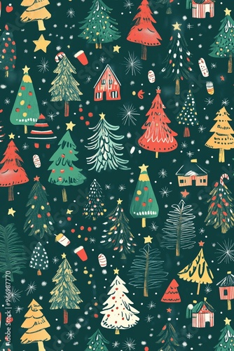 risograph printing illustrator a seamless pattern with cute Christmas trees for festive packaging design