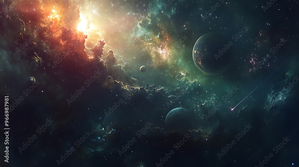 Fototapeta premium A panoramic view of a cosmic landscape featuring distant planets, asteroids, and glowing galaxies, with radiant light beams cutting through the darkness, creating a sense of awe and wonder