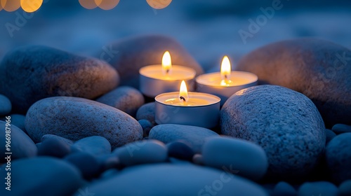 Three Burning Candles on Pebbles photo