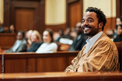 In a courtroom, a joyful defendant beams as the judge announces their exoneration, marking a pivotal moment of vindication. photo